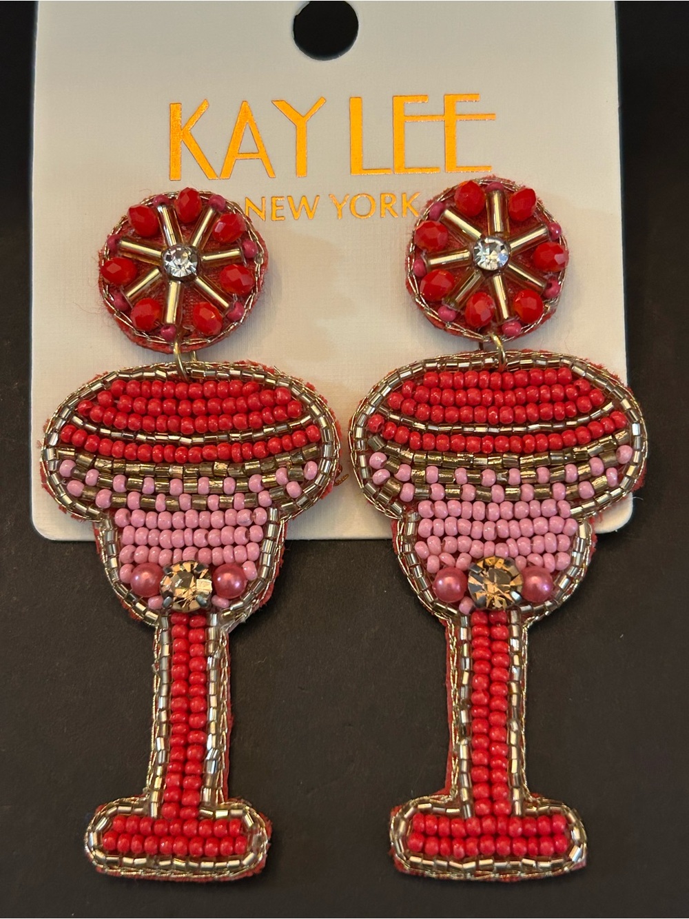 Kay Lee Red, Pink & Gold Hand Beaded Boho Drink Design Drop Earrings